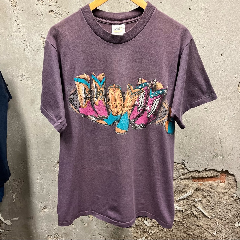 Hazelwoods Vintage 90s Purple Cowboy Cowgirl Boot Graphic Tee Large L Wraparound